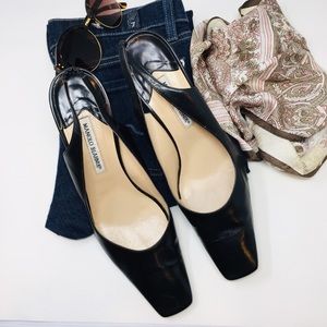 Manolo Blahnik Black Square Toe Slingback Pumps